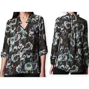 Simply Vera Wang Lightweight Semi-Shear Floral Blouse Womens XS Ruffled Neckline